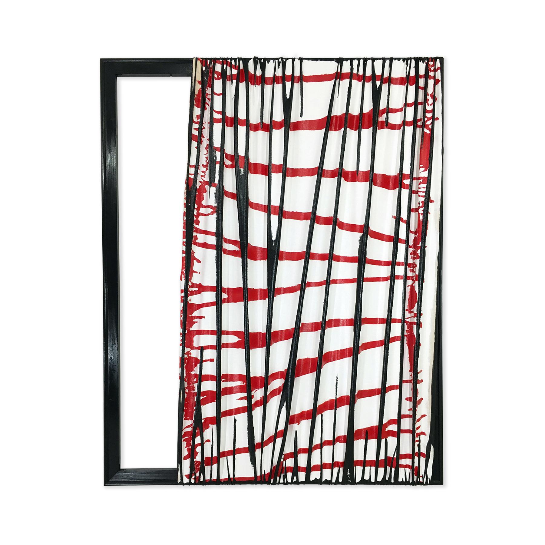 White, red, and black experimental abstract sculptural painting. The work was intentionally removed from the stretchers to make a wave effect on the surface. The piece is signed, titled, and dated by artist Chris Bexar who is a Houston, Texas