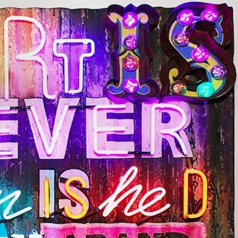 Chris Bracey
Art is Never Finished
39 x 43 inches
Found letters and new neon, mounted to hand painted found corrugated iron
1 remaining in the edition
Signed, Numbered
