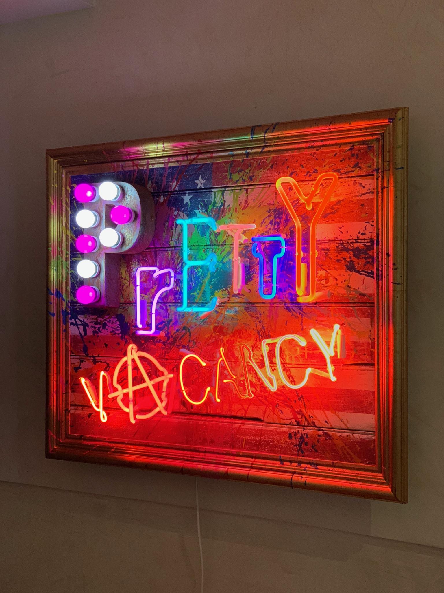 Chris Bracey
Pretty Vacancy
40 x 44 inches
Found lettering and neon text fitted to recycled wooden floor boards with hand painting
1 remaining in the edition
Signed, Numbered