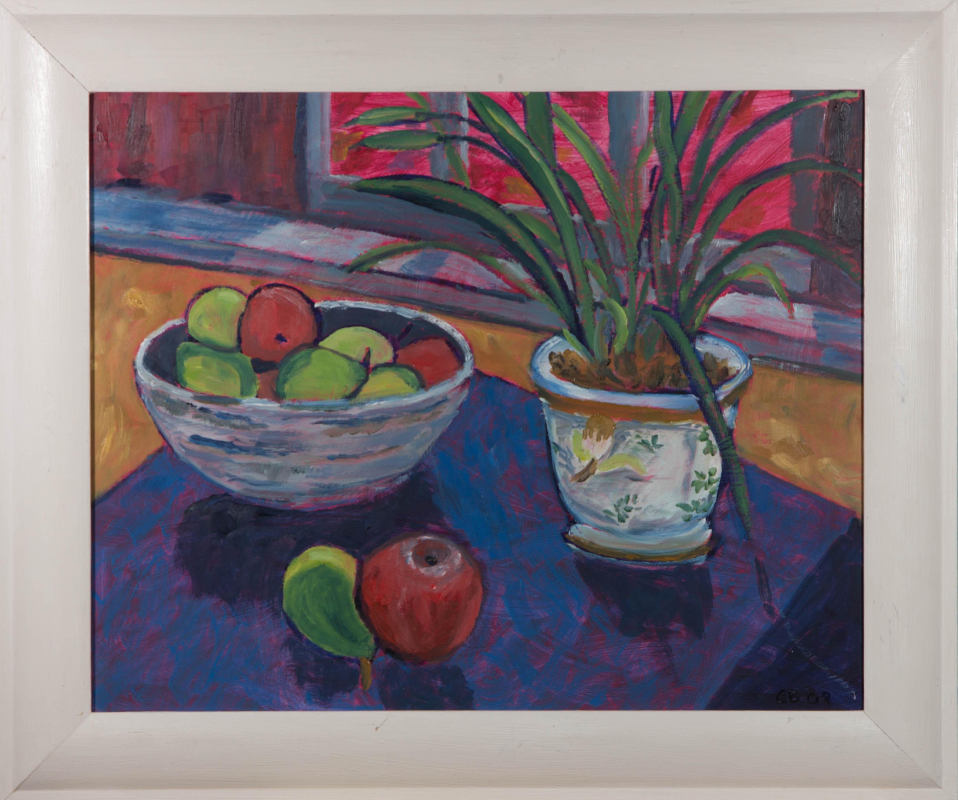 A bright potent palette is used to depict a still life to glorious Fauvist-esque effect.

Signed and dated in the bottom right-hand corner.

Well presented in a white wooden frame.

On Board.