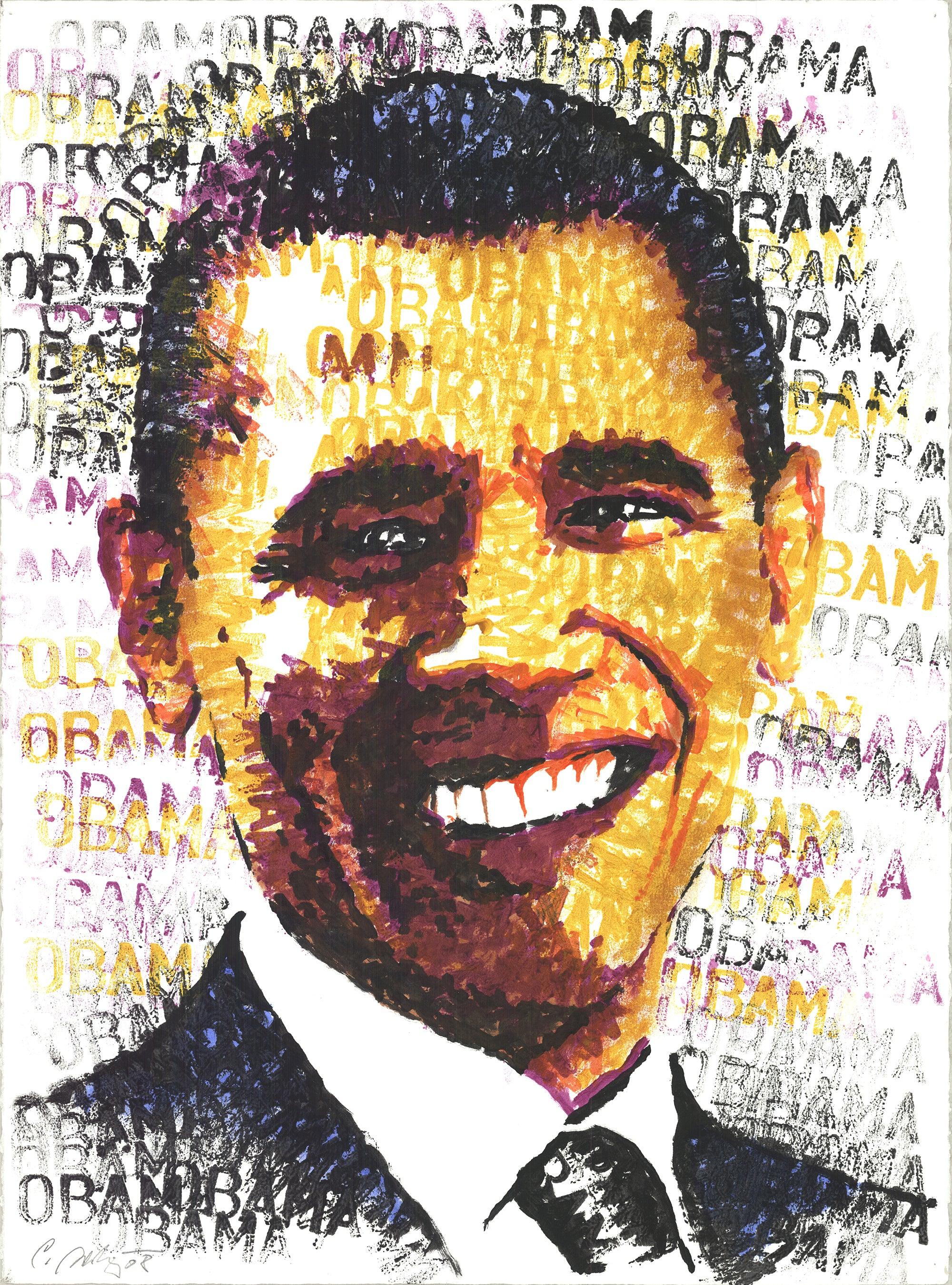 Chris Britz's 2008 artwork, "Obama," exemplifies his distinctive technique of layering colored stamps to form a cohesive image. In this piece, Britz repeatedly stamps the word "Obama" in various hues, creating a vibrant and dynamic portrait of the