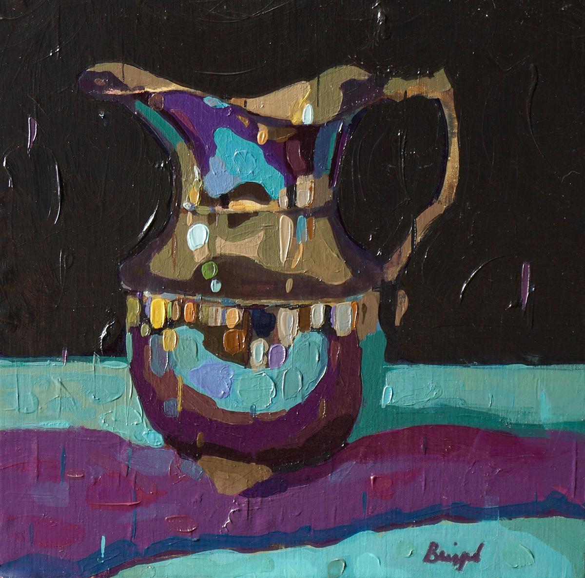 Jarrón de plata en púrpura y azul" de Chris Brizzard, Óleo sobre lino