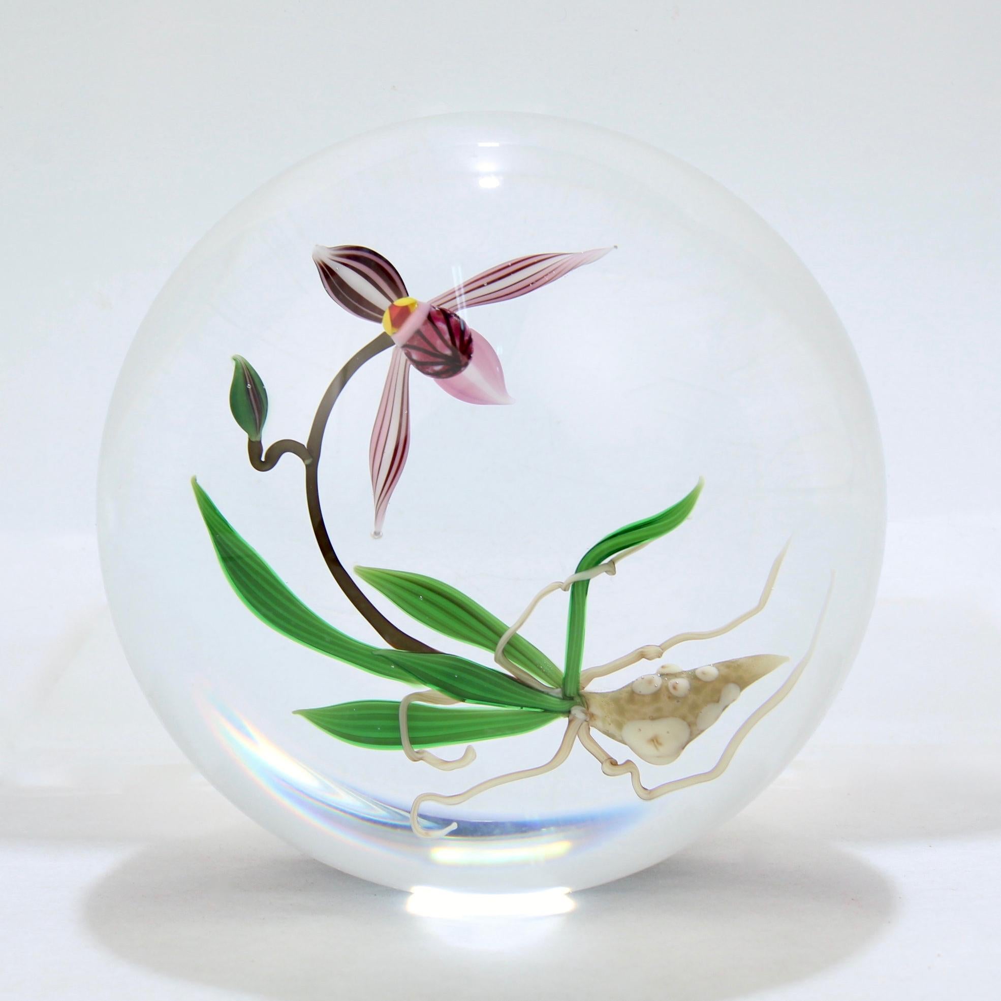 A very fine studio glass paperweight by Chris Buzzini.

With a lampwork orchid (including the roots).

With a signature cane to the reverse of the roots.

Signed and dated with an etched signature to the side: Buzzini '90 PO A/P 7.

Simply