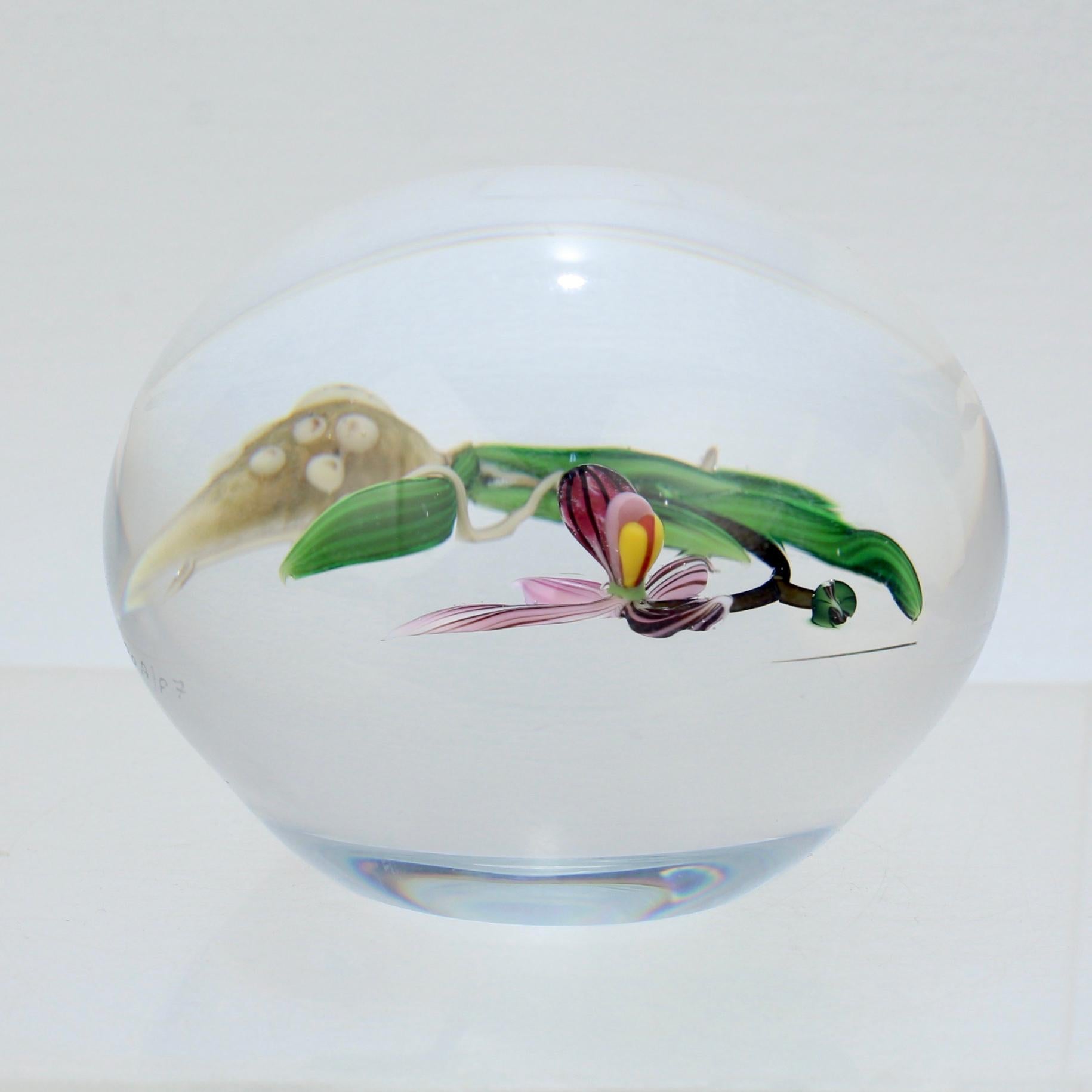 Modern Chris Buzzini Artist-Proof Orchid Flower and Roots Art Glass Paperweight For Sale