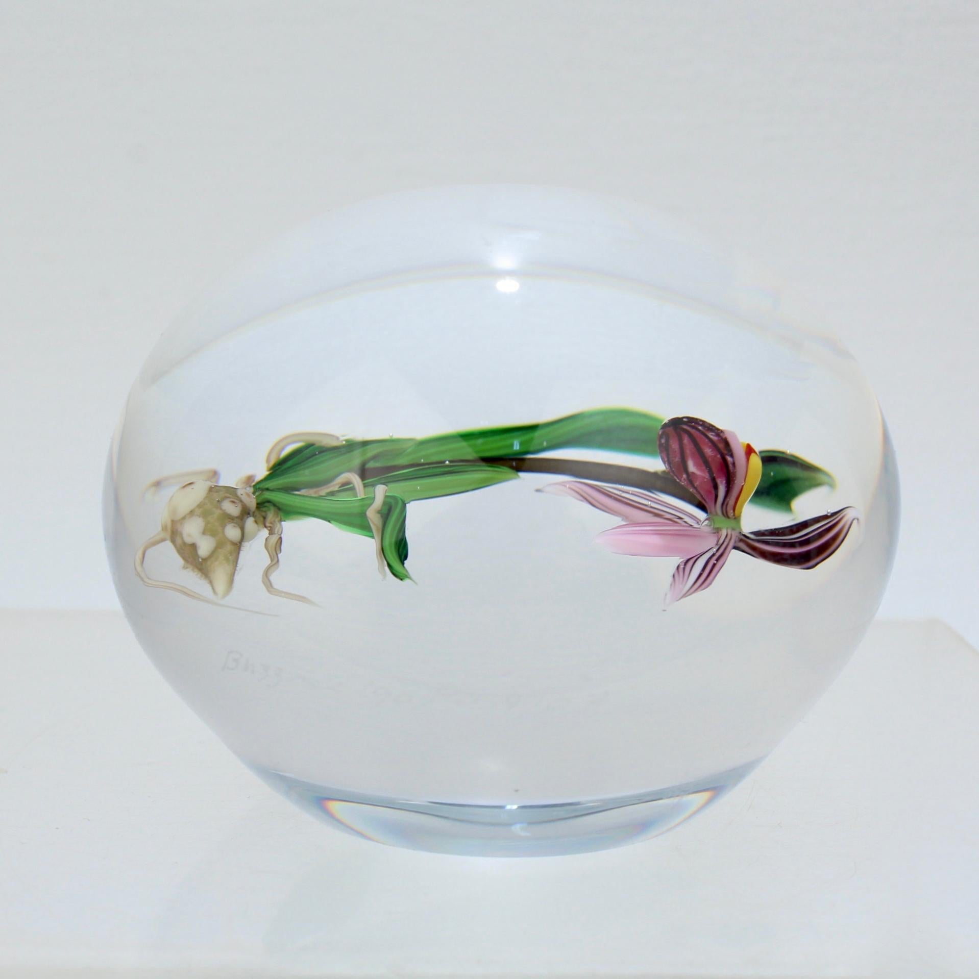 American Chris Buzzini Artist-Proof Orchid Flower and Roots Art Glass Paperweight For Sale