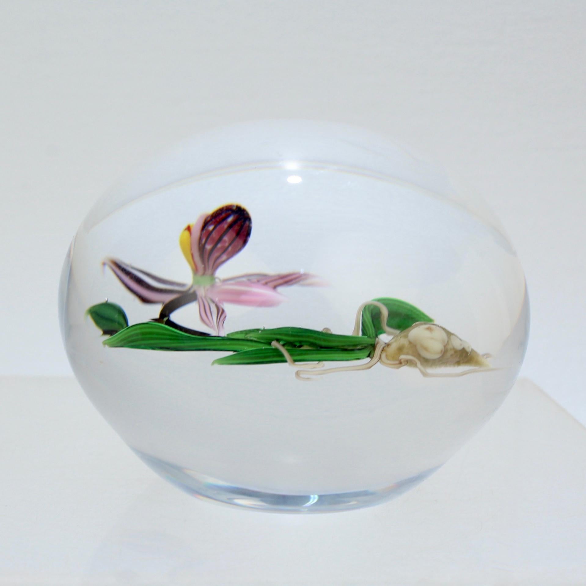 Late 20th Century Chris Buzzini Artist-Proof Orchid Flower and Roots Art Glass Paperweight For Sale