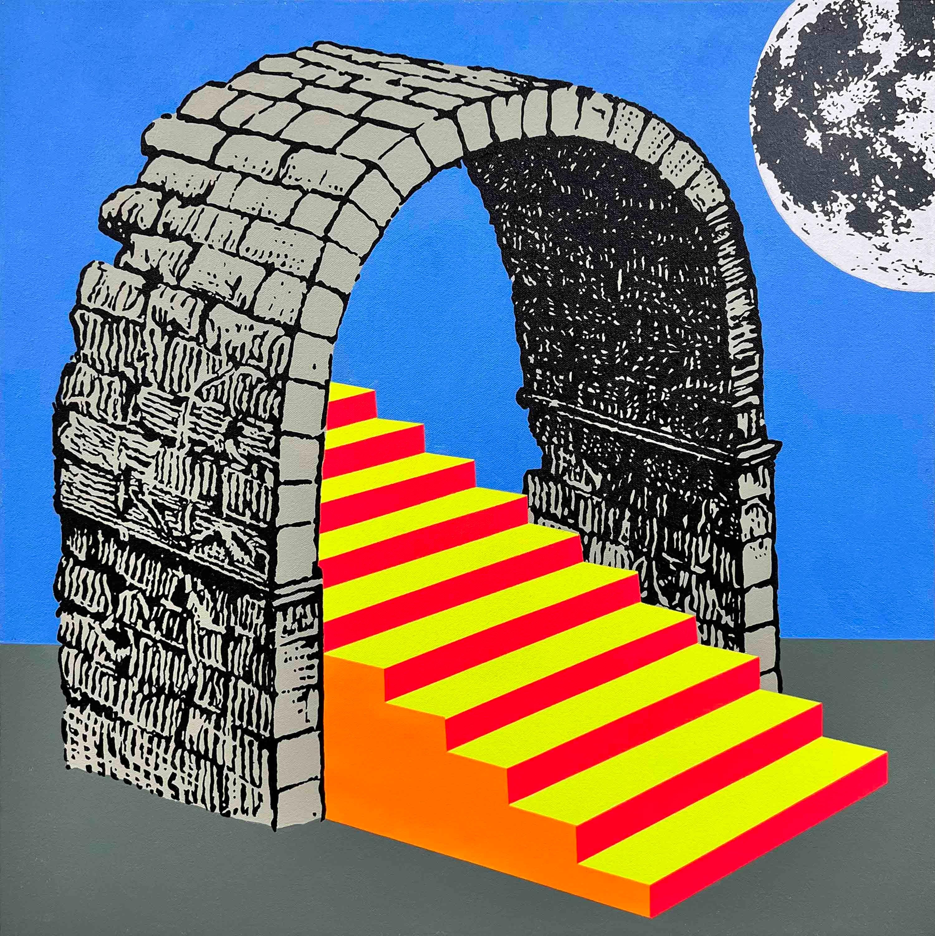 Chris Cascio Abstract Painting - "Untitled (Barrel Vault and Moon)" Contemporary Abstract Staircase Landscape