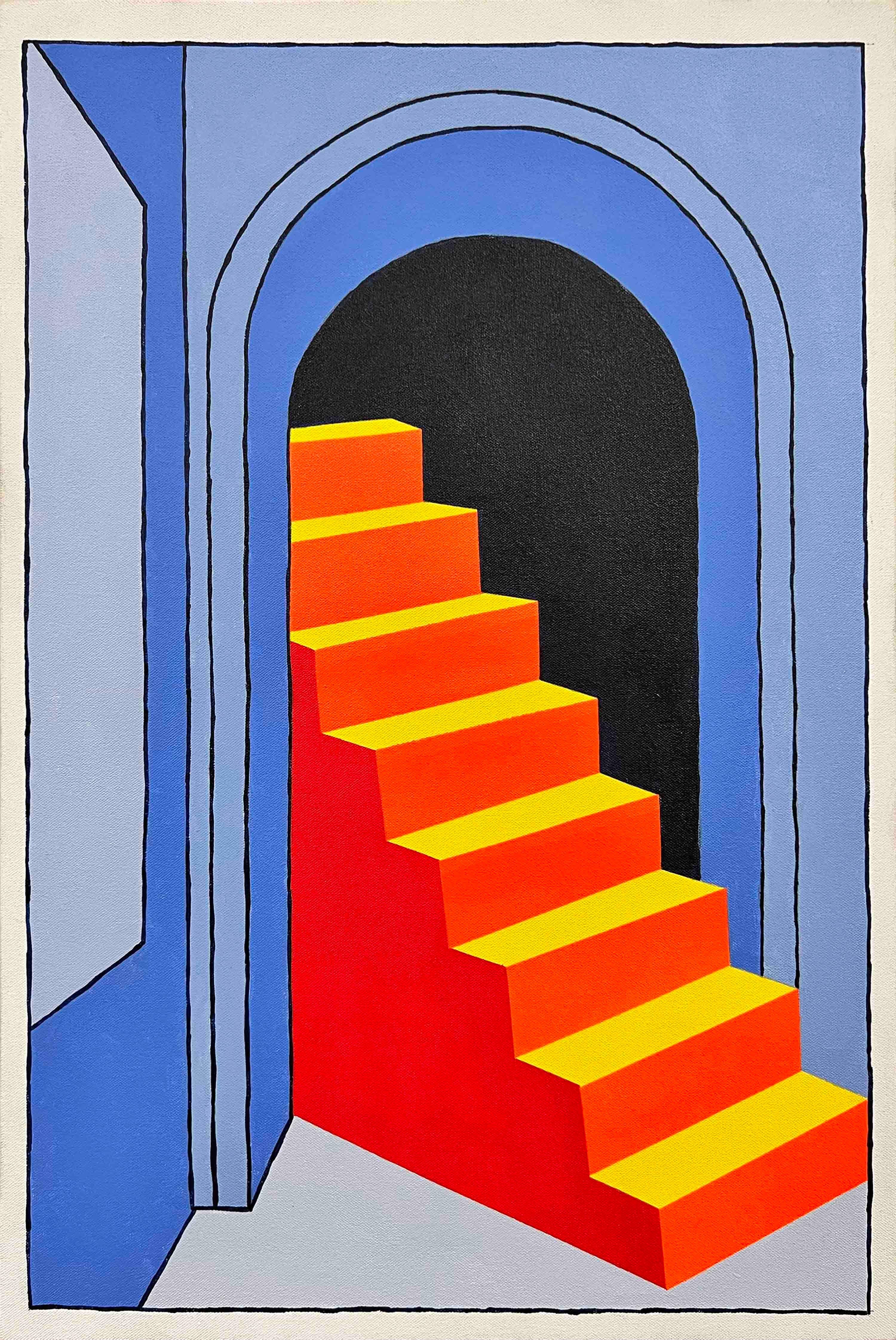 Chris Cascio Landscape Painting - "Untitled (Blue Hallway)" Contemporary Abstract Architectural Staircase Painting