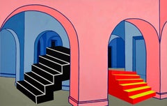 Zeitgenössisches abstraktes architektonisches Gemälde ohne Titel (Double Staircase)“