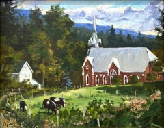 "Paesaggio di paese con mucche" - Dipinto a olio impressionista dal tema pastorale, già incorniciato
