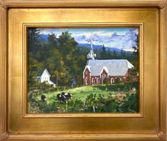 "Paesaggio di paese con mucche" - Dipinto a olio impressionista dal tema pastorale, già incorniciato