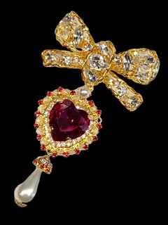 Chris Crouch, Moans Couture, 5" long gold & rhinestone bow heart pendant brooch