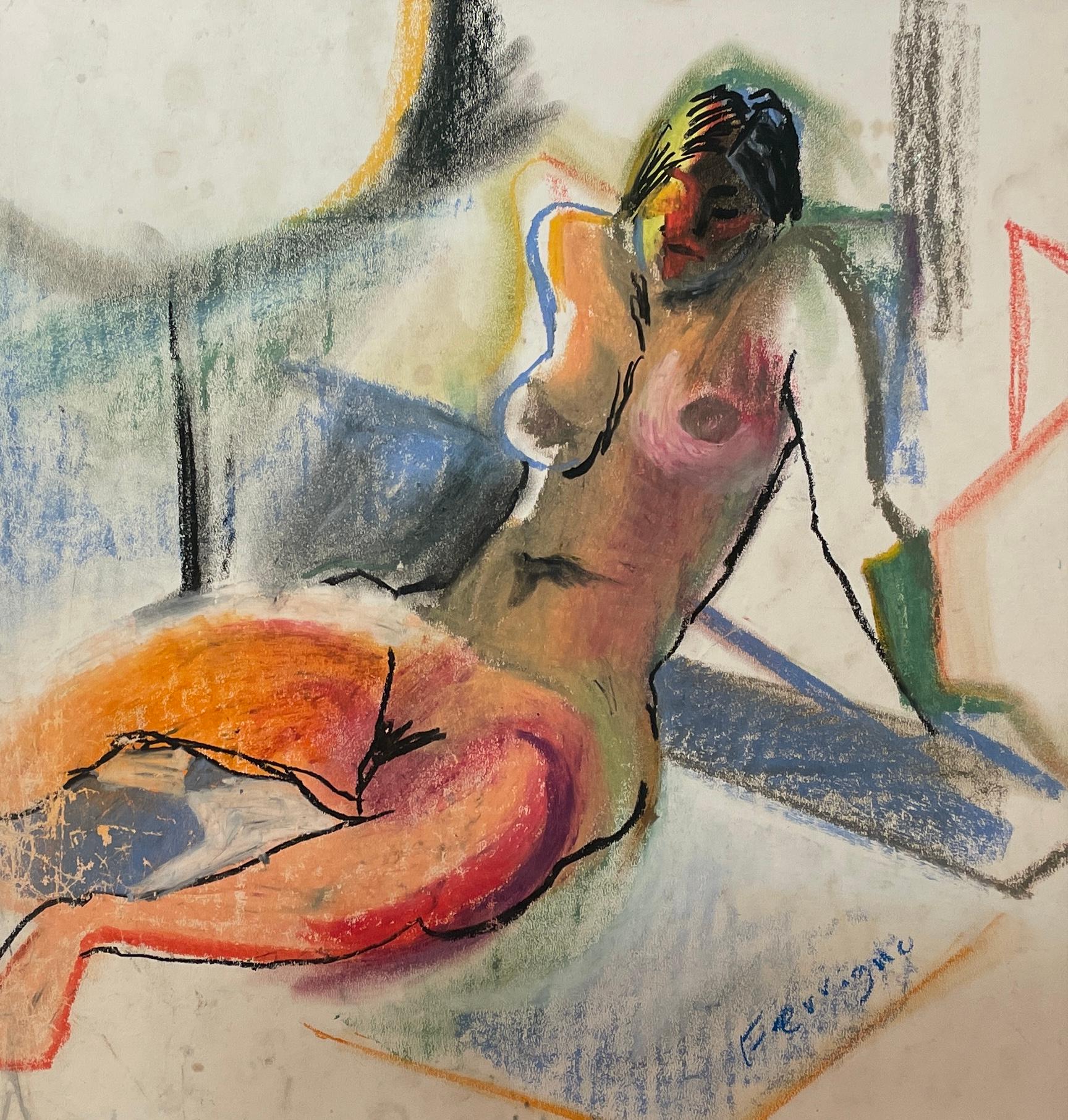 'Pastel Repose' -  Reclining  Young Nude
Woman - 1970's Oil Pastel on Paper  - Expressionist Painting by Chris Ferrigno