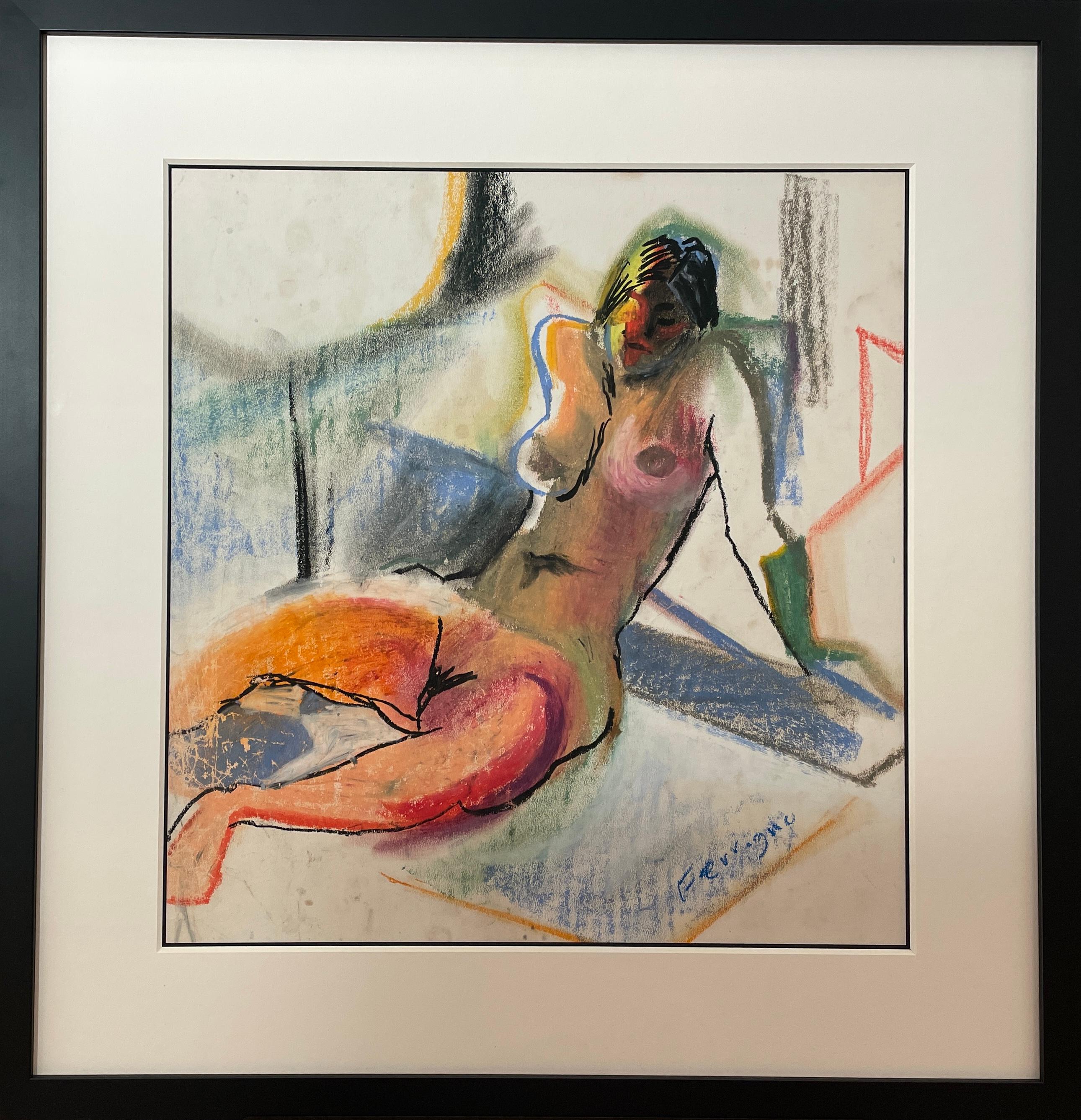 Chris Ferrigno Figurative Painting - 'Pastel Repose' -  Reclining  Young Nude
Woman - 1970's Oil Pastel on Paper 