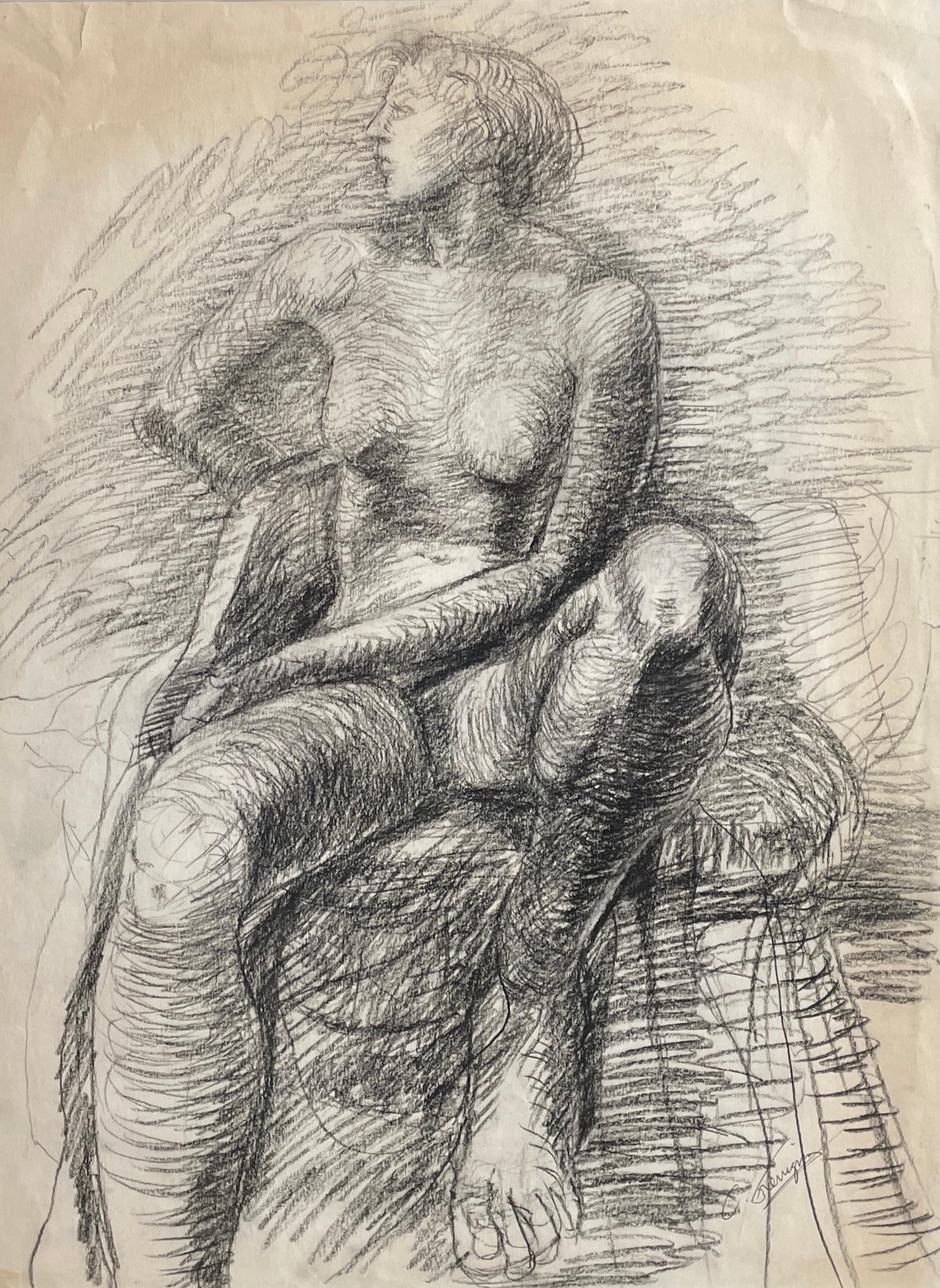 Pondering' de Chris Ferrigno - Desnudo femenino figurativo - Lápiz sobre papel en venta 1