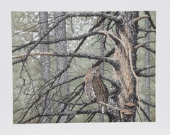 Vintage Great Horned Owl, American Realist Lithograph by Chris Forrest