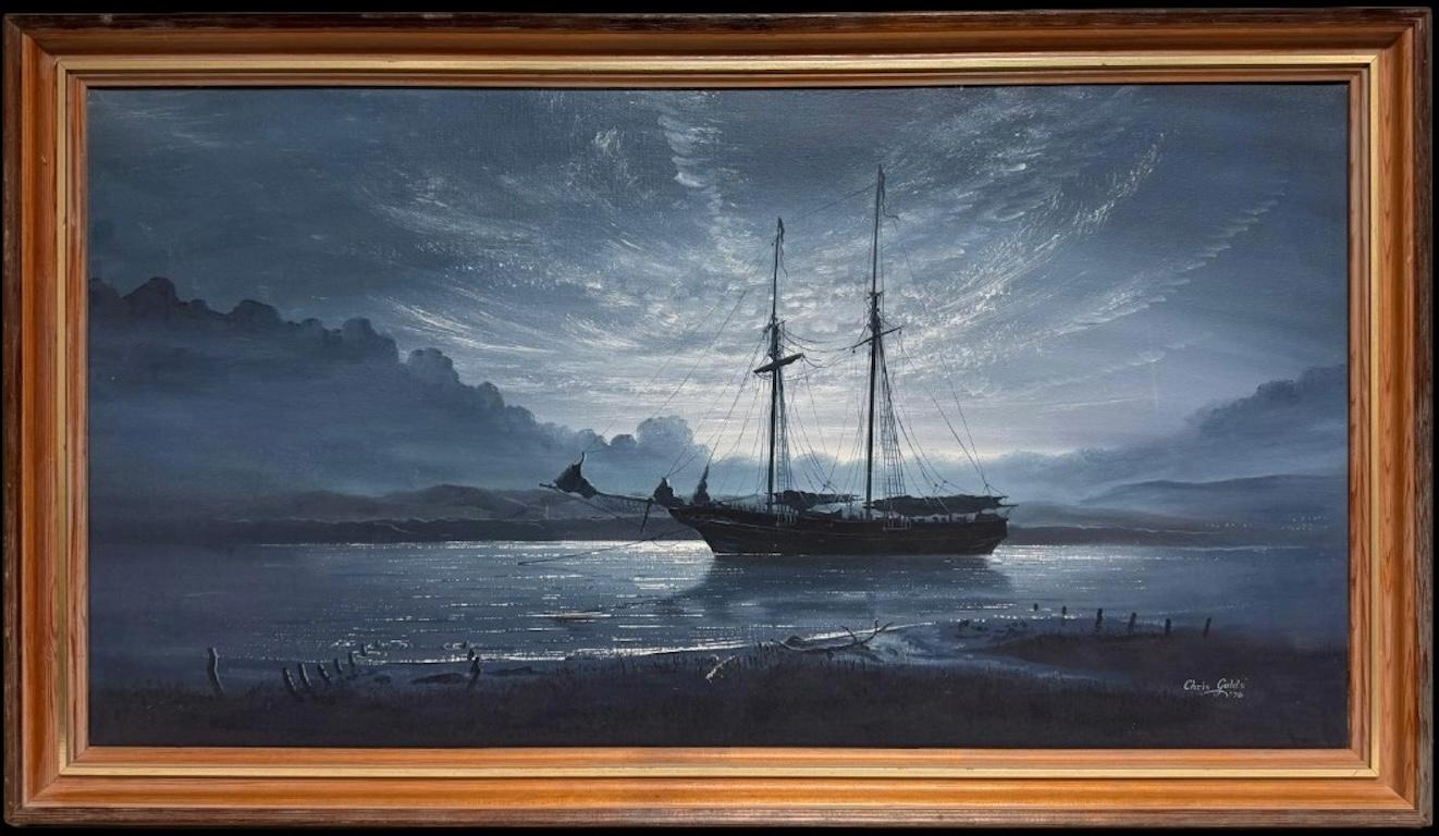 Landscape Painting di Chris Golds - Grande dipinto a olio di Marin britannico: Nave goletta al chiaro di luna in mare, firmato