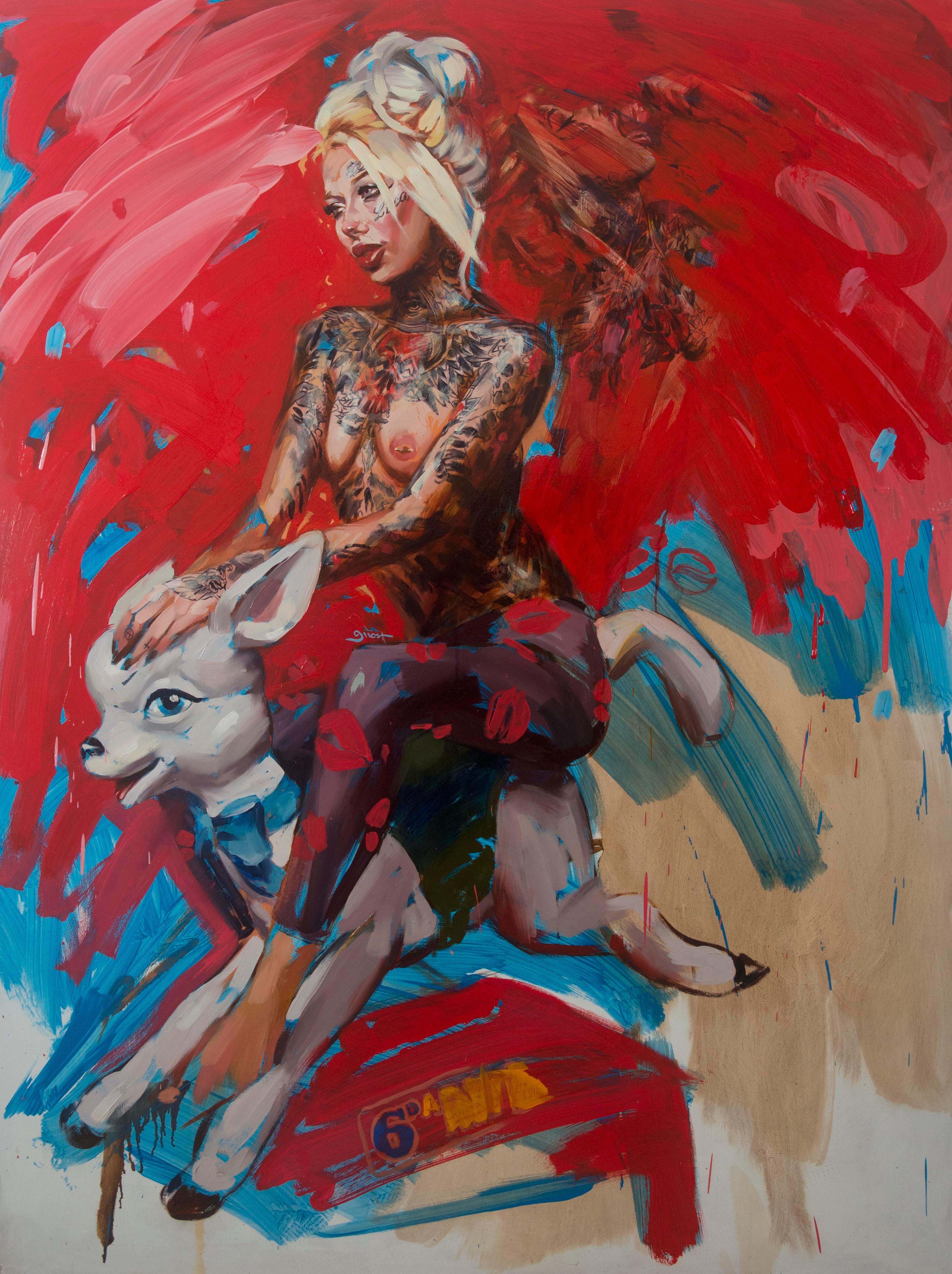 Chris Guest Portrait Painting - Funfair Ride on Red, oil on canvas, pin up, tattoo, modern, 21st century