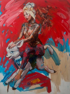 Funfair Ride on Red, oil on canvas, pin up, tattoo, modern, 21st century