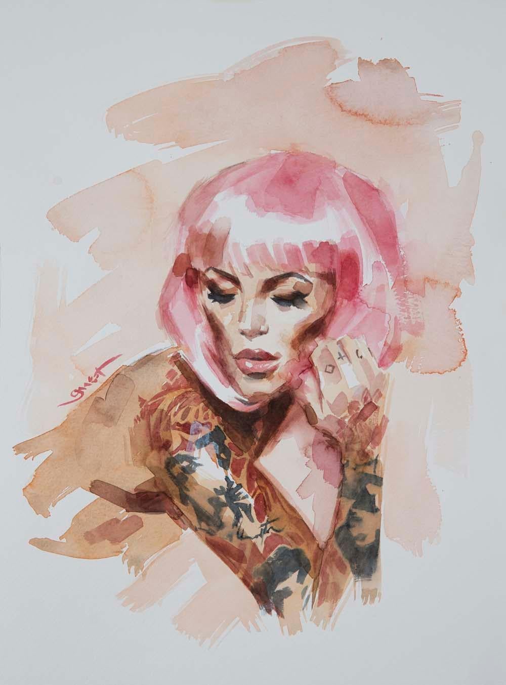 Chris Guest Portrait Painting - Pink Hair, watercolour, pin up, tattoo, modern, 21st century, portrait,
