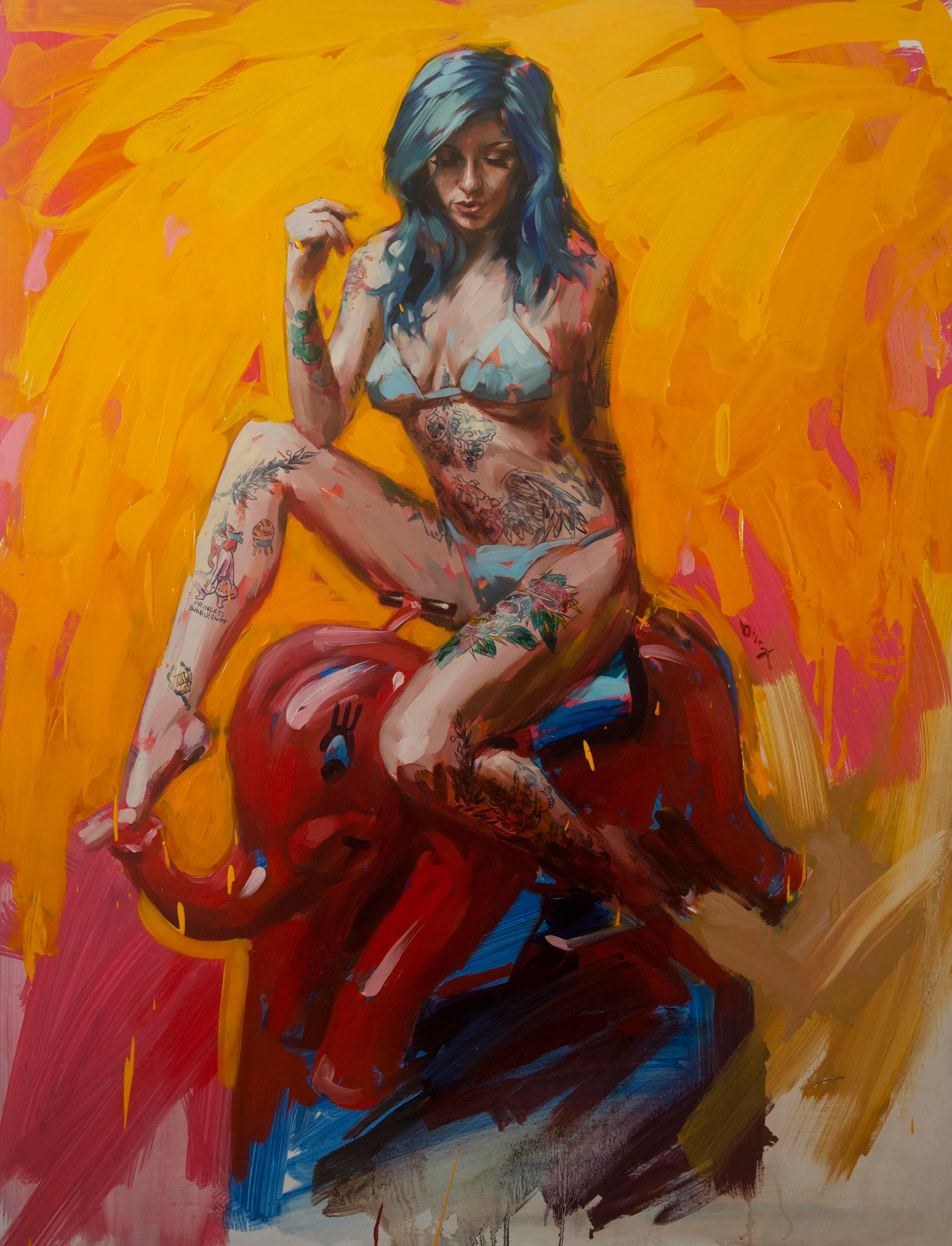 Chris Guest Portrait Painting - Red Elephant on Yellow, oil on canvas, pin up, tattoo, modern, 21st century