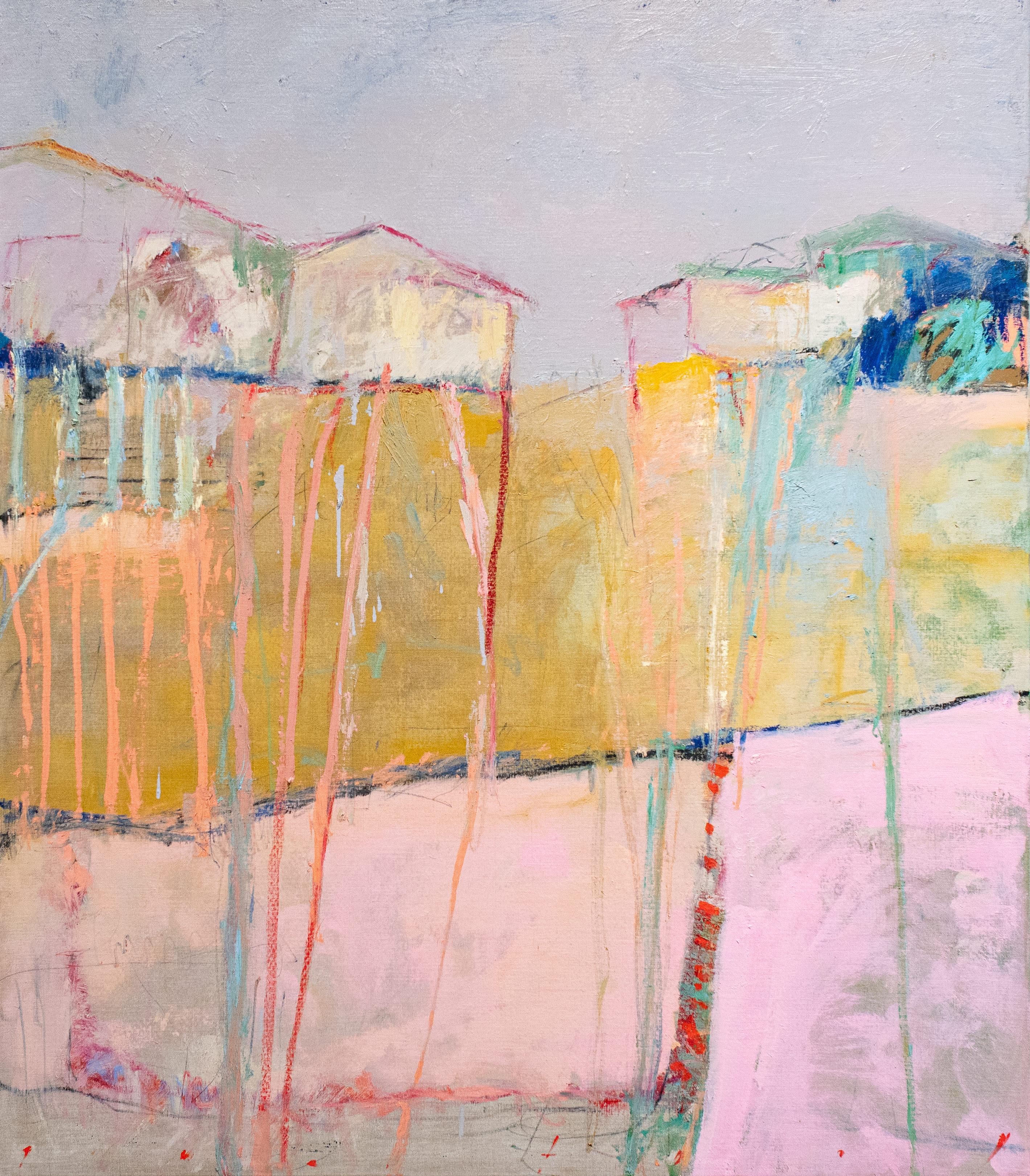Chris Gwaltney Abstract Painting – The Orchard Behind the Houses – großes farbenfrohes abstraktes Gemälde