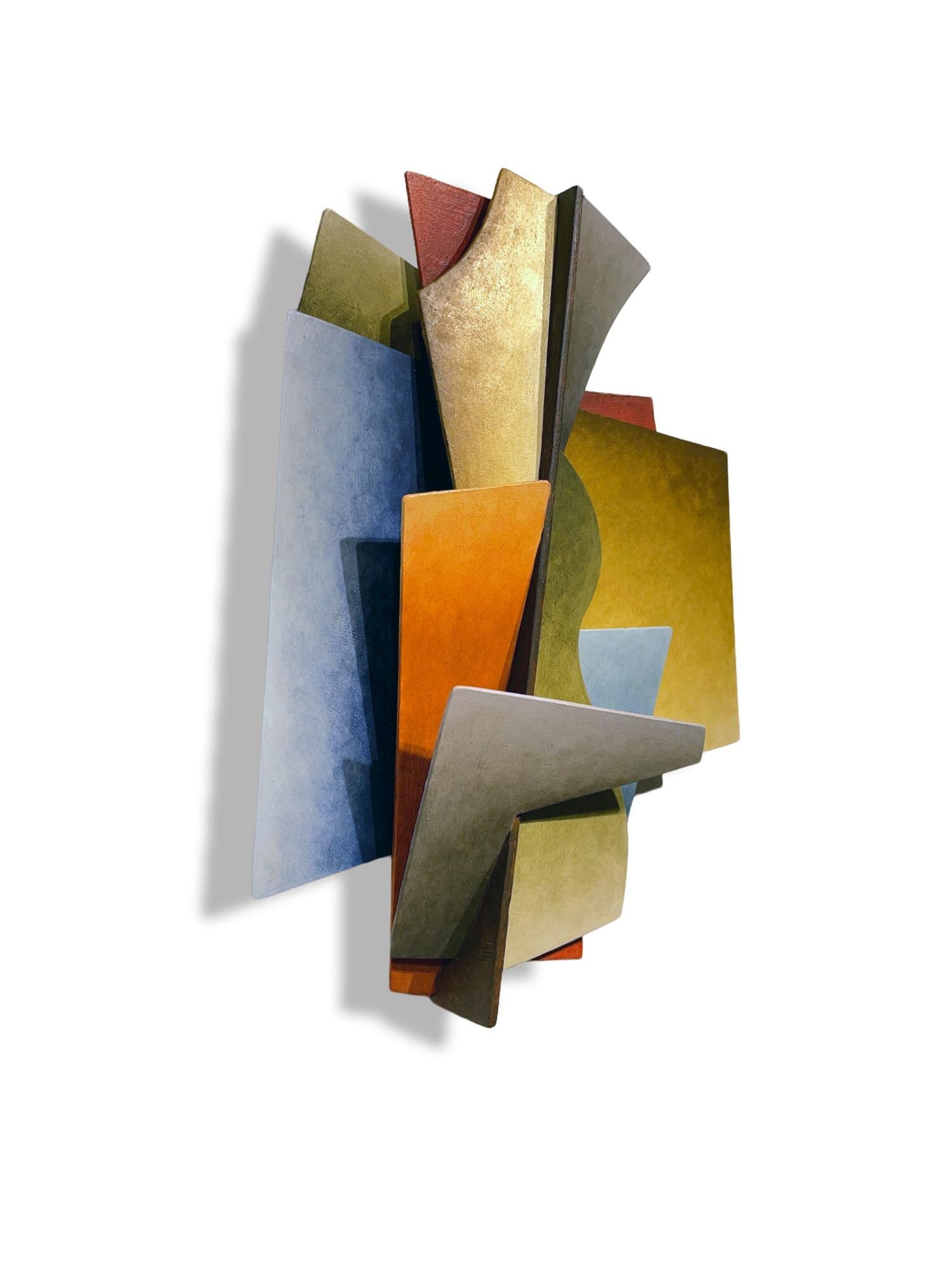 This dynamic wall sculpture is created from sheets of steel, welded together in an abstract geometric pattern.  Muted shades of blue, orange, and yellow dominate and are balanced by softer hues. While the work adheres to a rigid, rational geometry,