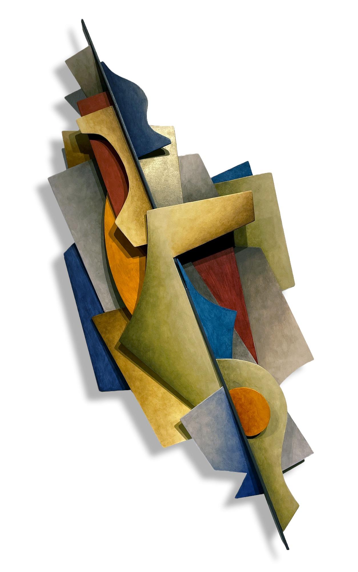 Shifting Plane - Abstrakte geometrische Form, bemalte Wandskulptur aus geschweißtem Stahl  (Geometrische Abstraktion), Mixed Media Art, von Chris Hill
