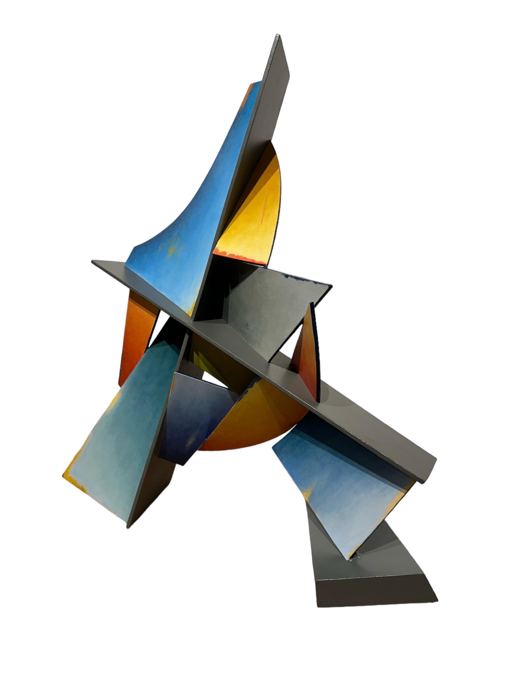 This dynamic table sized sculpture is created from sheets of steel, welded together in an abstract geometric pattern bright blue, orange, purple and yellow dominate and are balanced by softer hues. While the work adheres to a rigid, rational