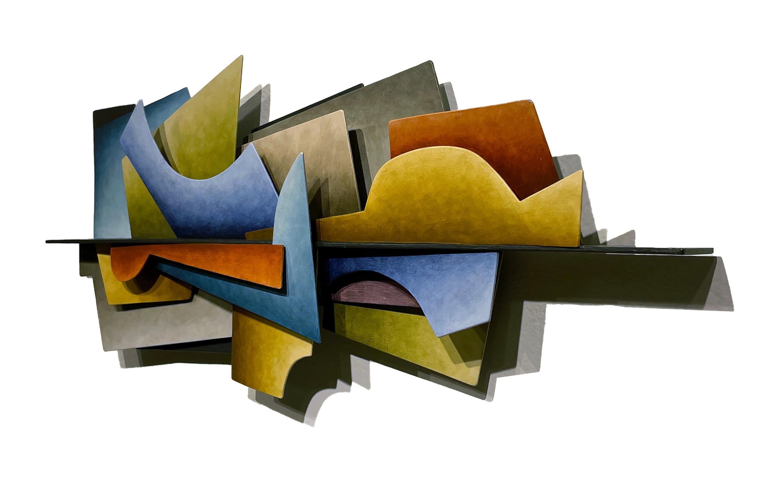 Gewebter Pflanzgefäß – abstrakte geometrische Form, handbemalte Wandskulptur aus geschweißtem Stahlblech  (Geometrische Abstraktion), Mixed Media Art, von Chris Hill
