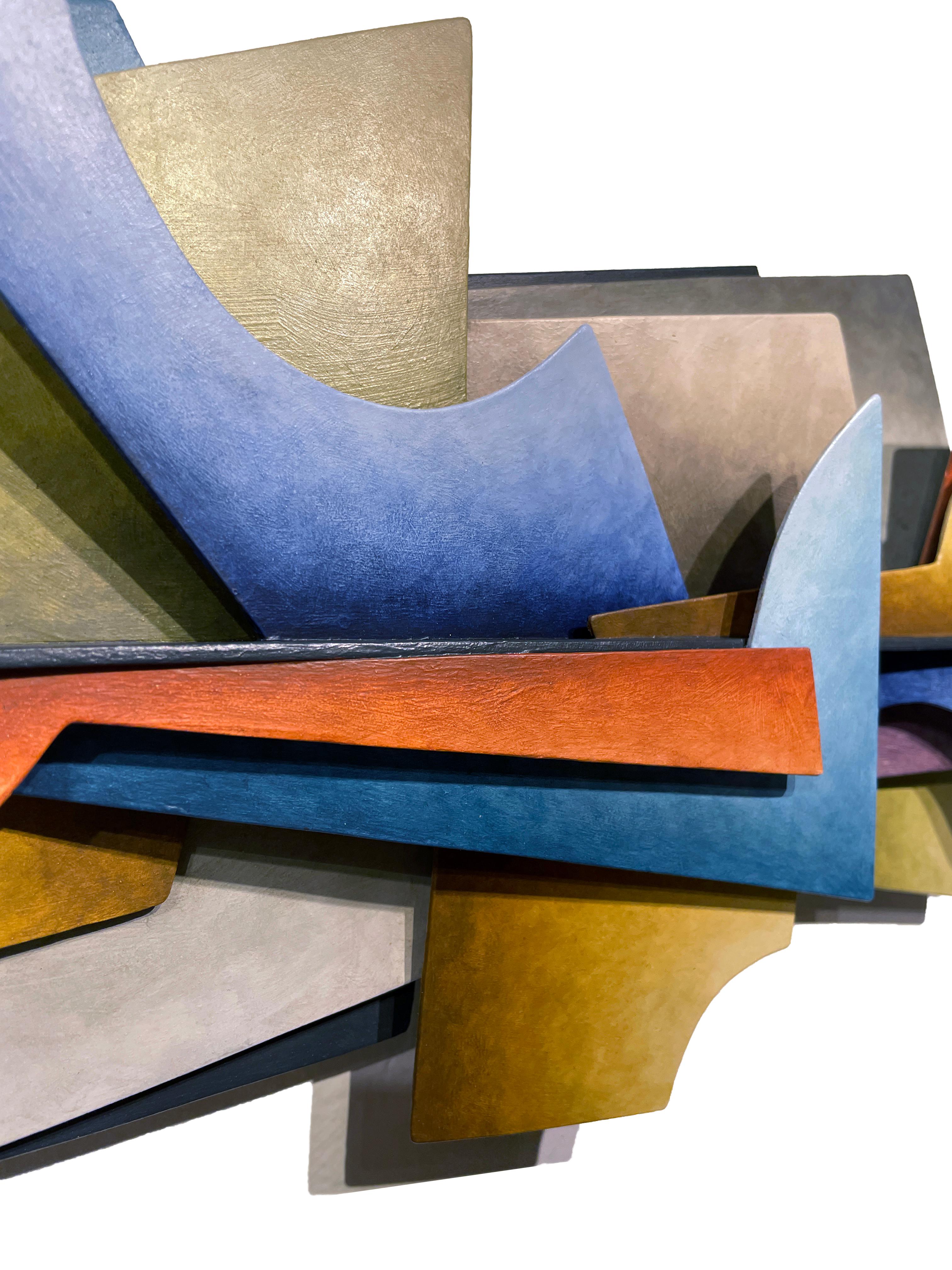 Gewebter Pflanzgefäß – abstrakte geometrische Form, handbemalte Wandskulptur aus geschweißtem Stahlblech  im Angebot 3
