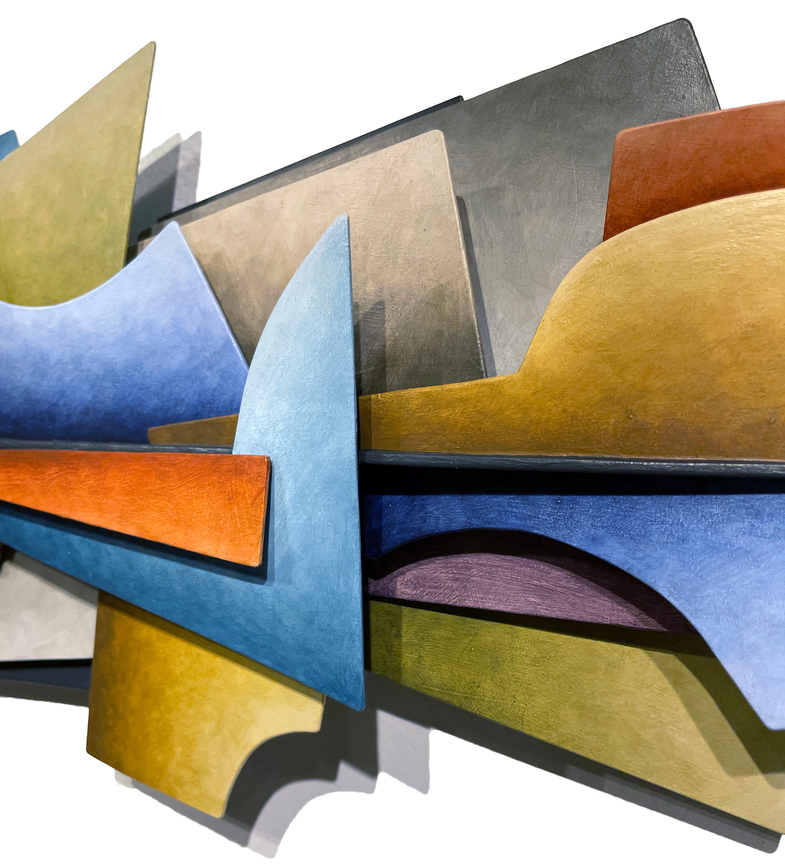 Gewebter Pflanzgefäß – abstrakte geometrische Form, handbemalte Wandskulptur aus geschweißtem Stahlblech  im Angebot 4