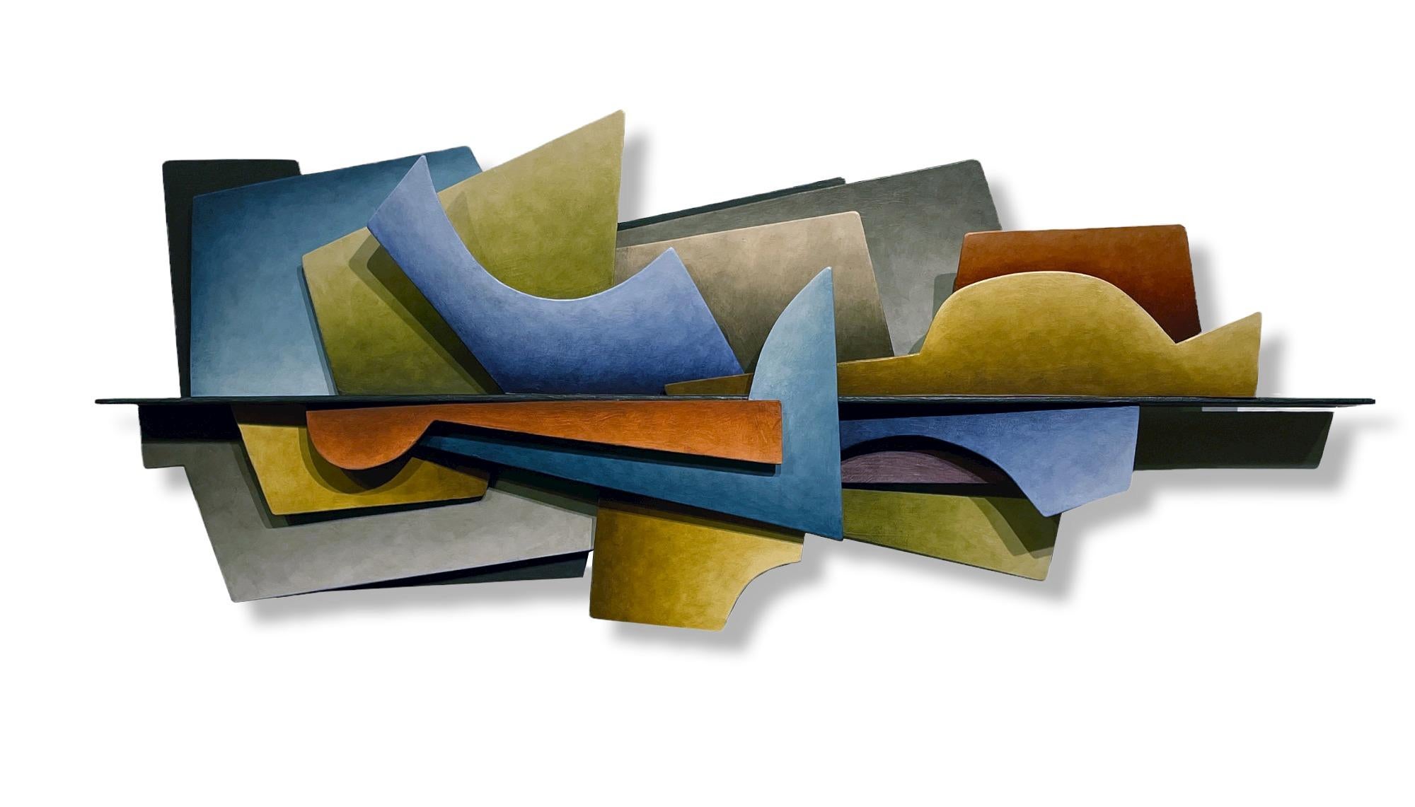 Gewebter Pflanzgefäß – abstrakte geometrische Form, handbemalte Wandskulptur aus geschweißtem Stahlblech  – Mixed Media Art von Chris Hill