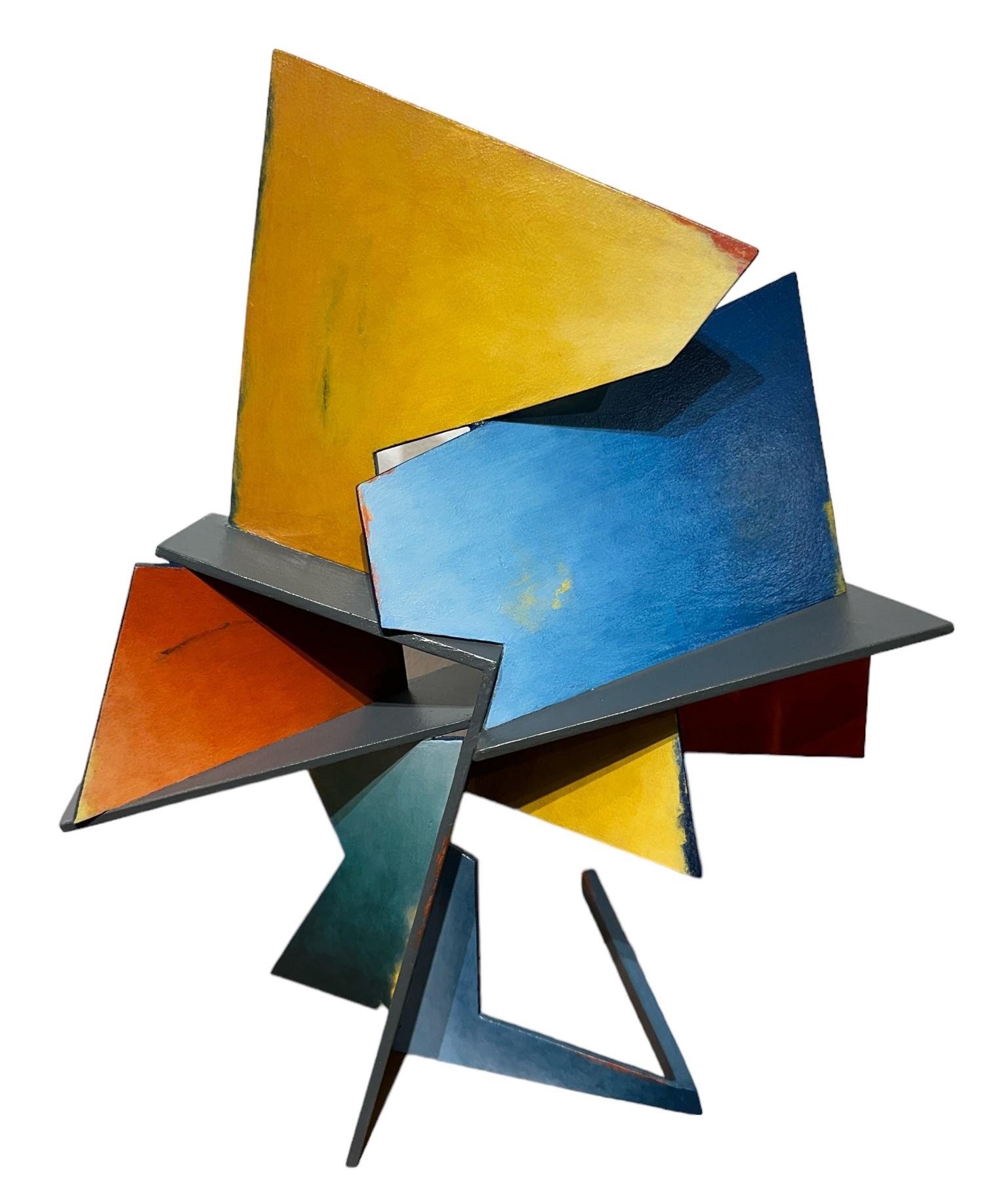 This dynamic table sized sculpture is created from sheets of steel welded together in an abstract geometric pattern. While the work adheres to a rigid, rational geometry, this sculptures suggest lyrical movement, apparent weightlessness and