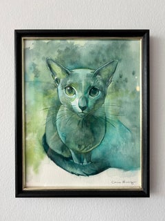 "Earnest Eyes" by Chris Hong, Watercolor Painting of Inquisitive Cat in Green
