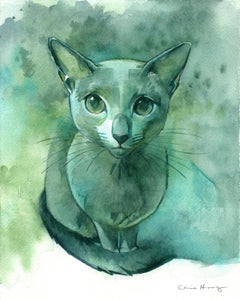 "Ojos sinceros" de Chris Hong, pintura en acuarela de gato inquisitivo vestido de verde