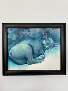 "Nestled in Blue" by Chris Hong, Watercolor Painting of Happy Sleeping Cat