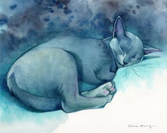 "Acurrucado en el azul" de Chris Hong, pintura en acuarela de un gato feliz durmiendo
