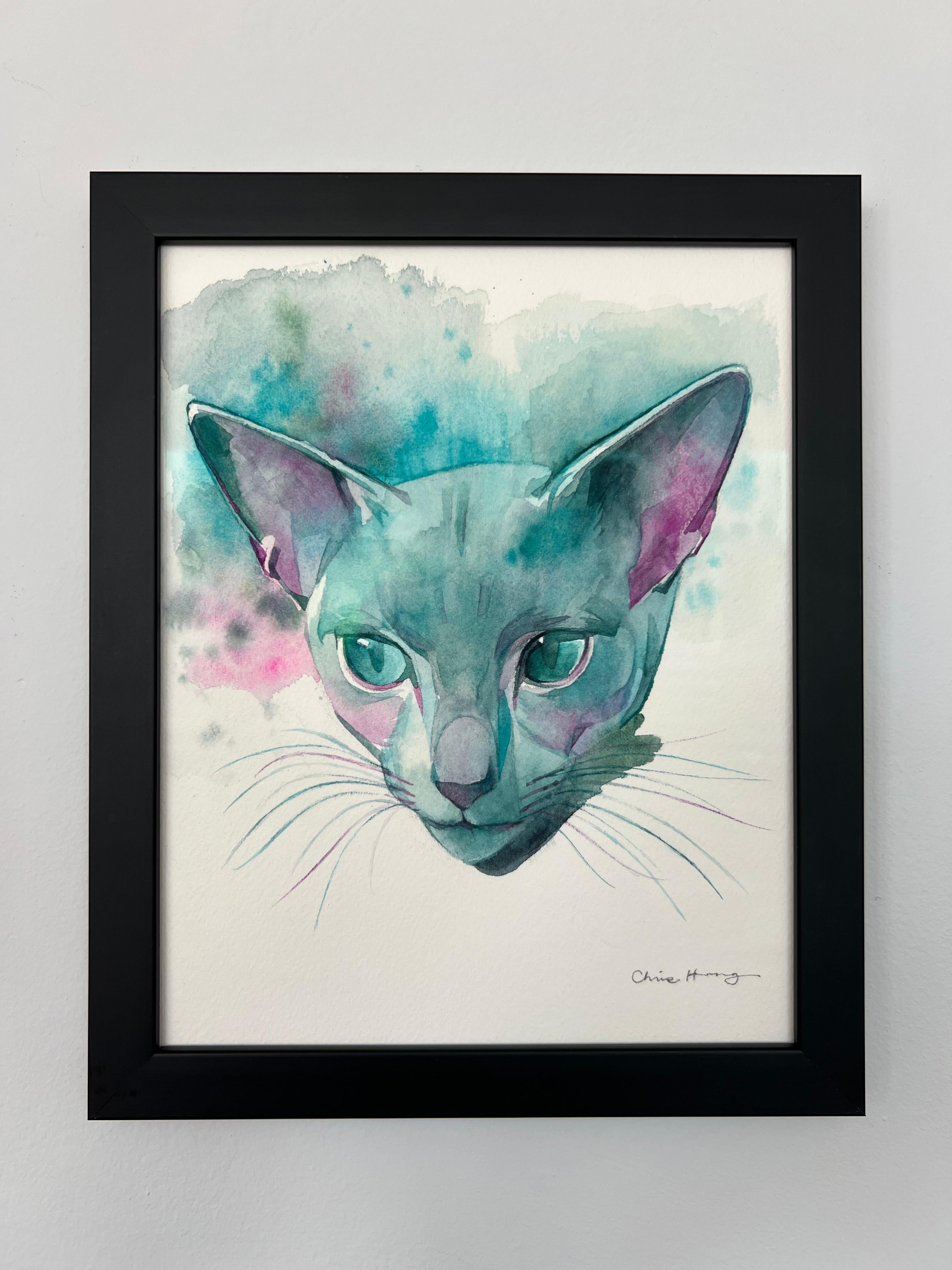 „Steely Sweetheart“ von Chris Hong, Aquarellgemälde, neugierige Katze in Teal im Angebot 1