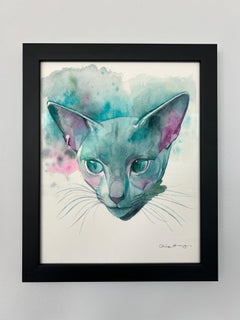 "Steely Sweetheart" de Chris Hong, Pintura en acuarela, Gato inquisitivo en verde azulado