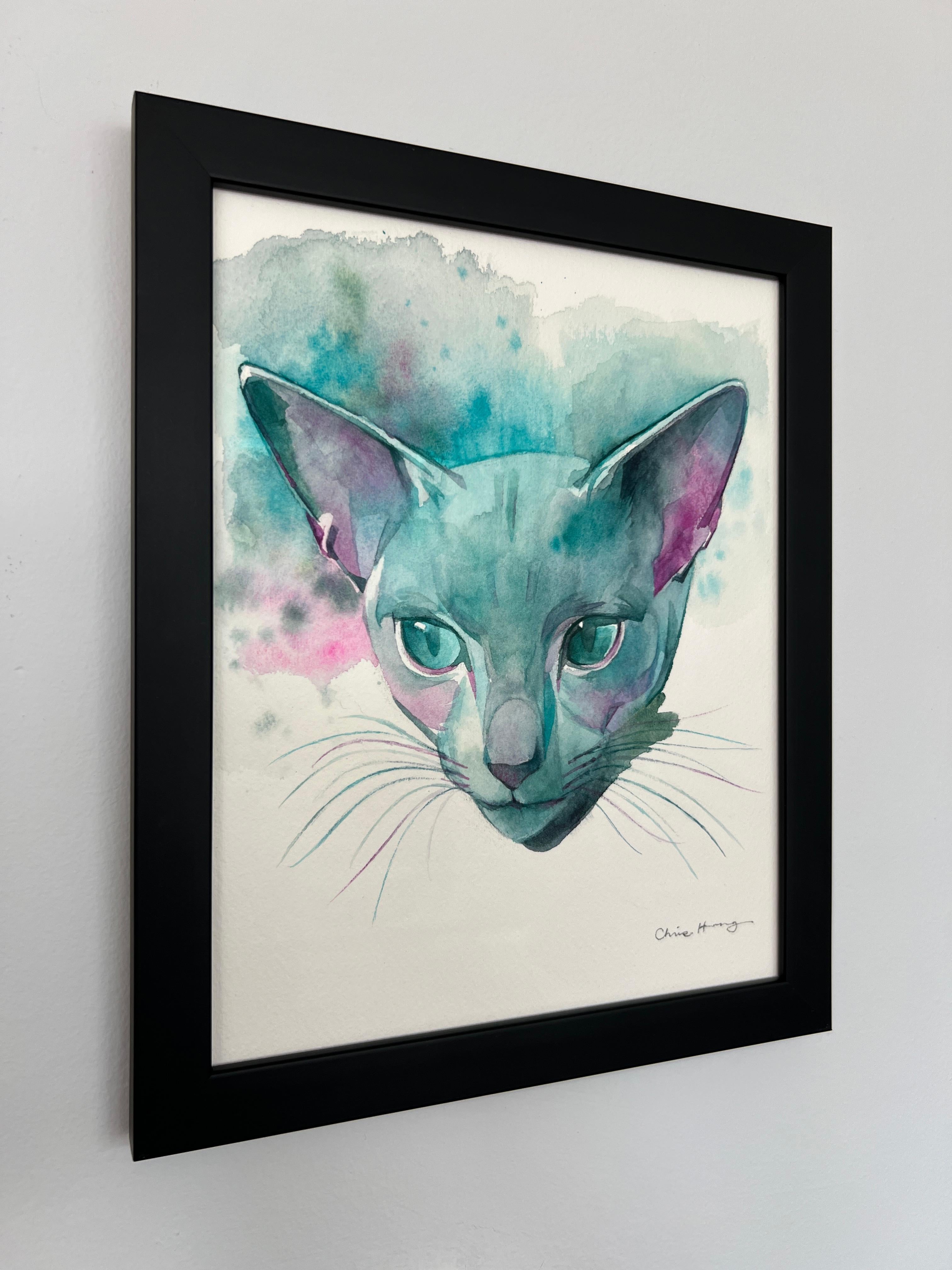 „Steely Sweetheart“ von Chris Hong, Aquarellgemälde, neugierige Katze in Teal im Angebot 2