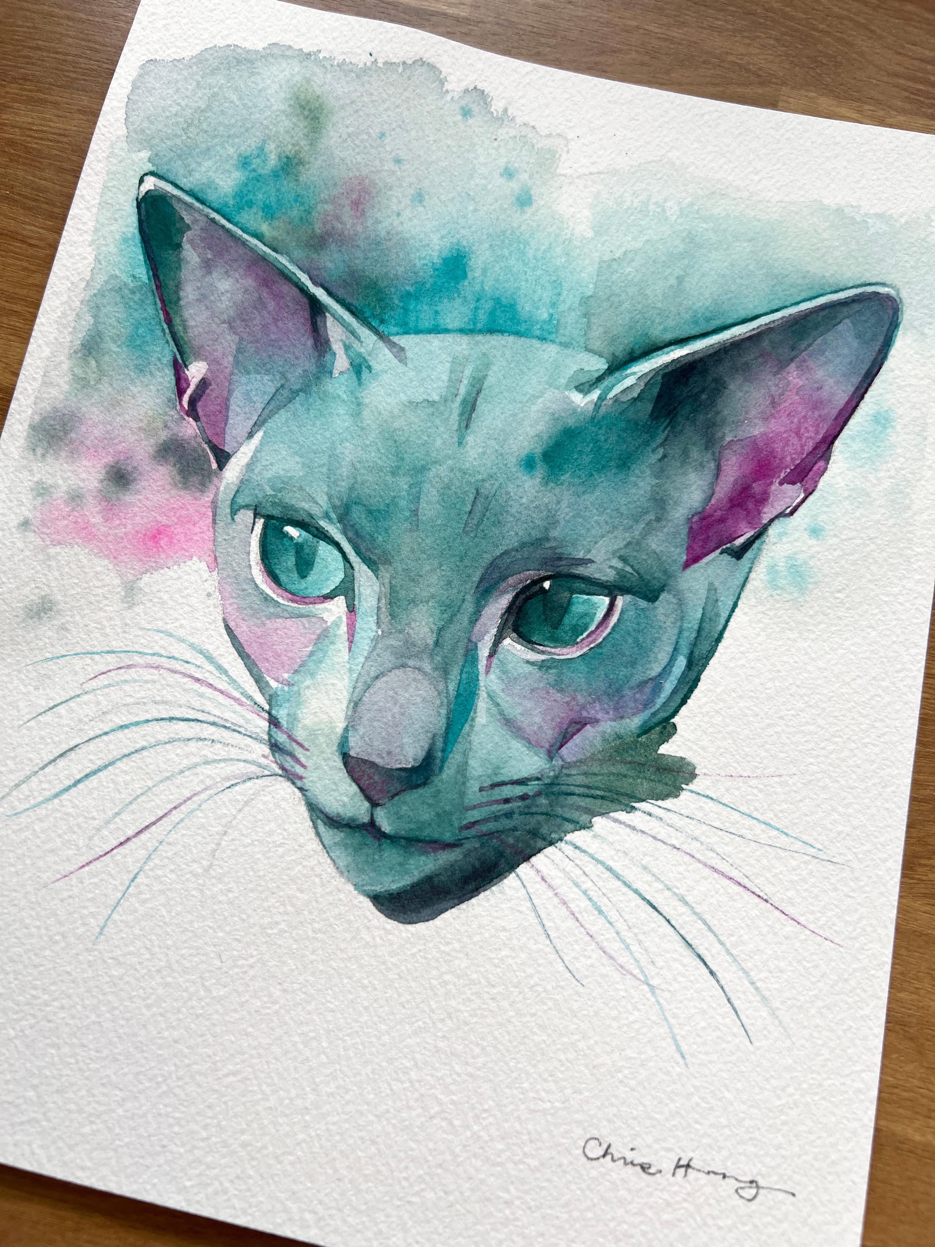 „Steely Sweetheart“ von Chris Hong, Aquarellgemälde, neugierige Katze in Teal im Angebot 3