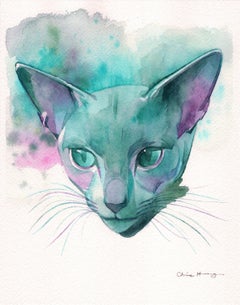 "Steely Sweetheart" de Chris Hong, Pintura en acuarela, Gato inquisitivo en verde azulado