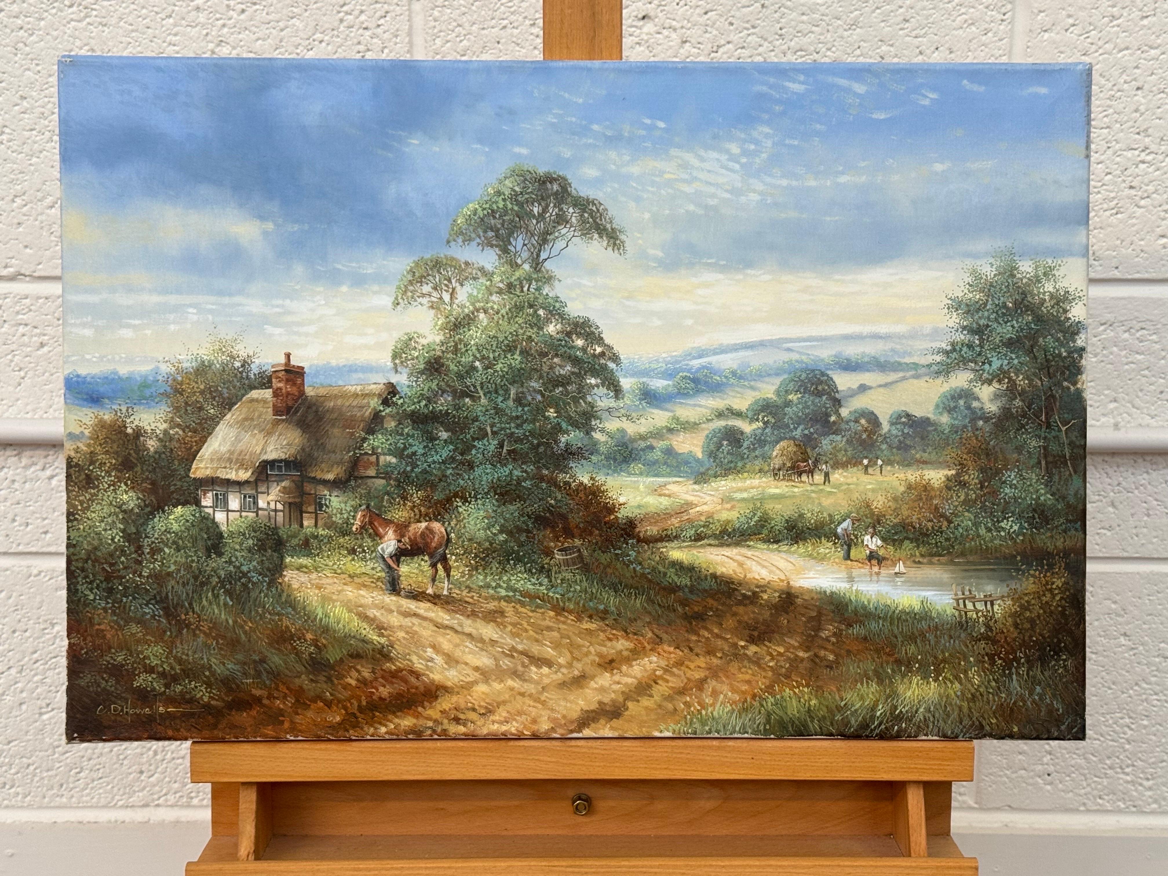 Bauernhofssszene mit Pferden, Bauernhofarbeitern und Holzfällern in englischer Landschaft im Angebot 1