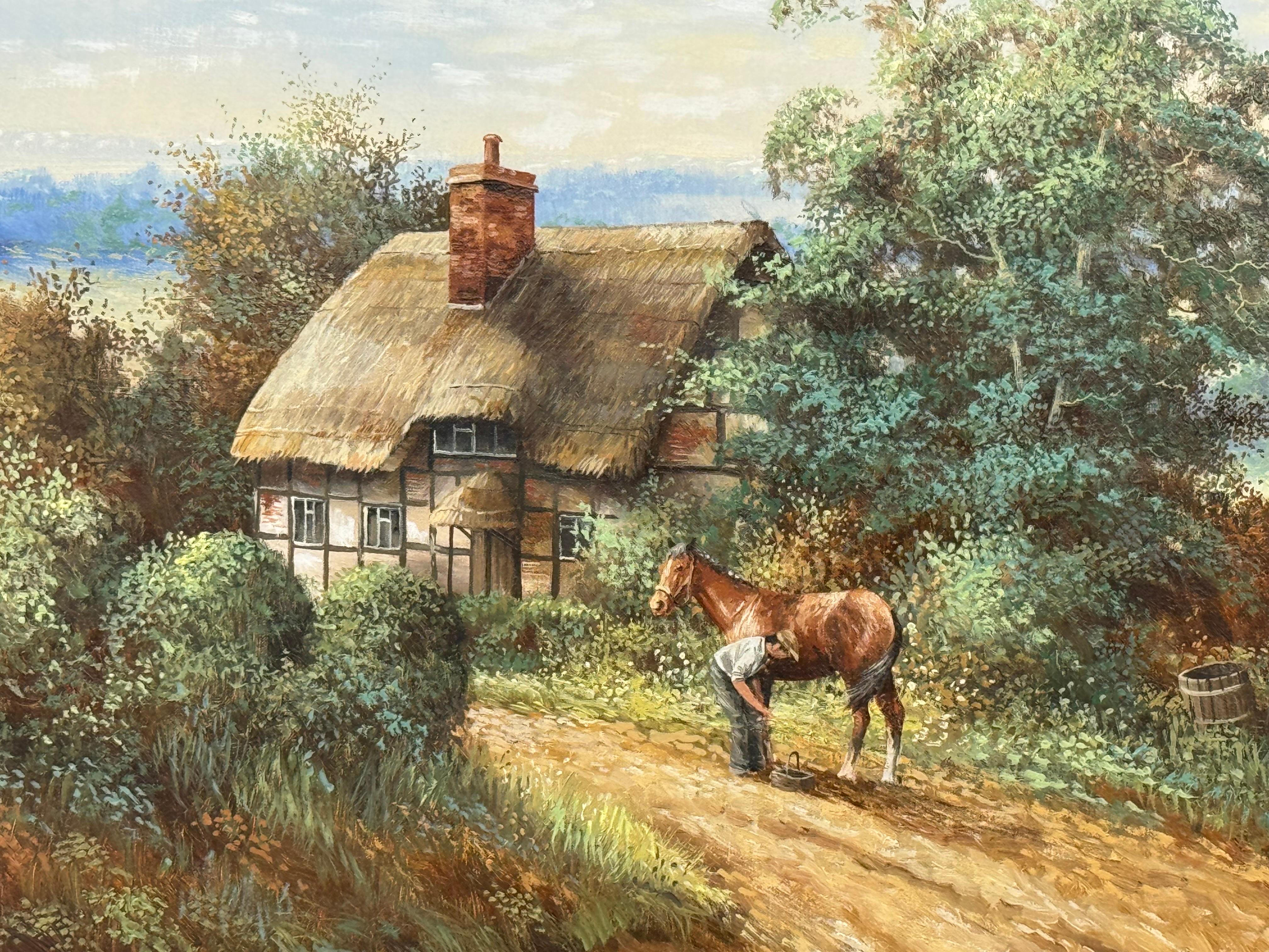Bauernhofssszene mit Pferden, Bauernhofarbeitern und Holzfällern in englischer Landschaft im Angebot 2