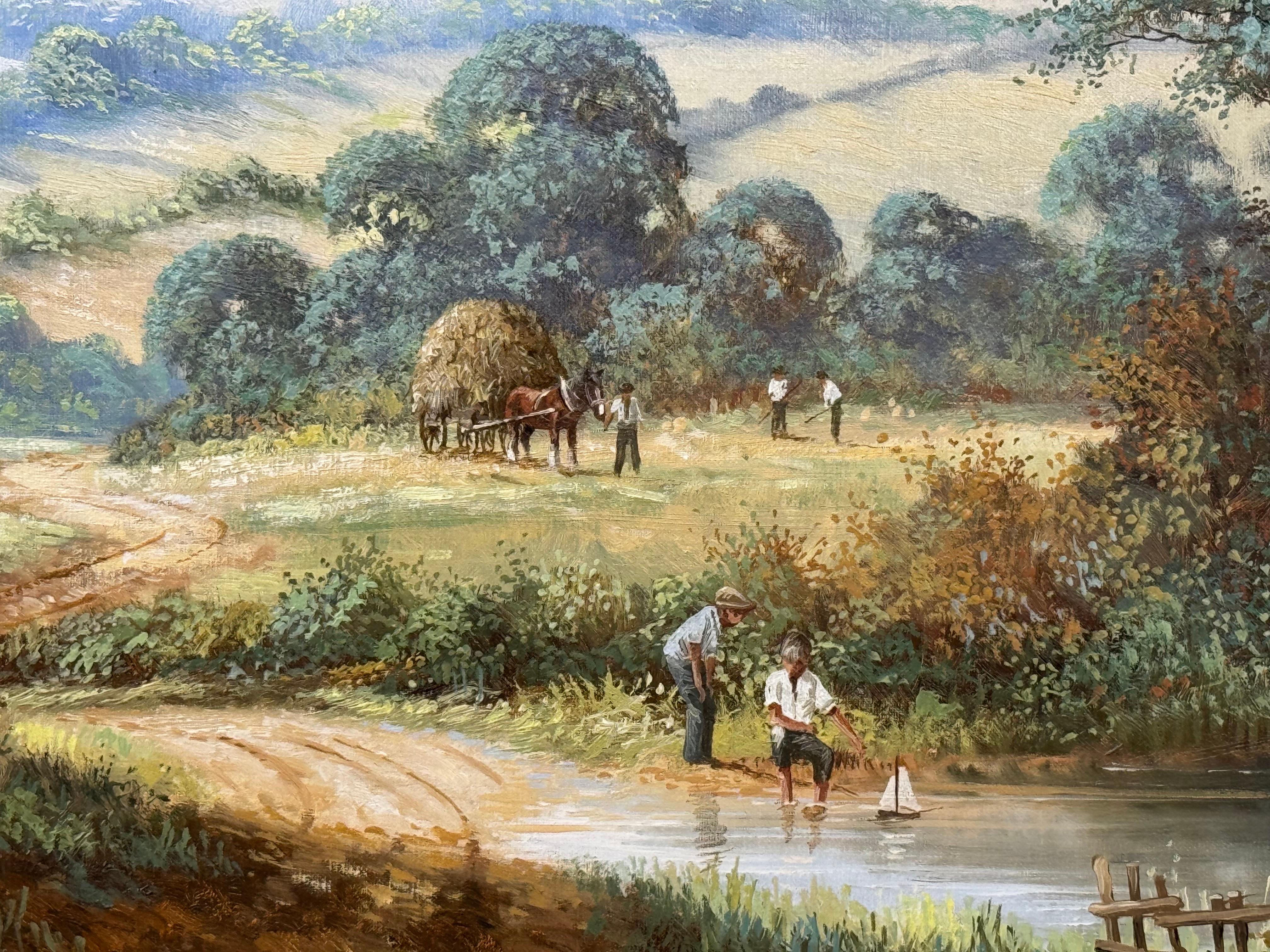 Bauernhofssszene mit Pferden, Bauernhofarbeitern und Holzfällern in englischer Landschaft im Angebot 5
