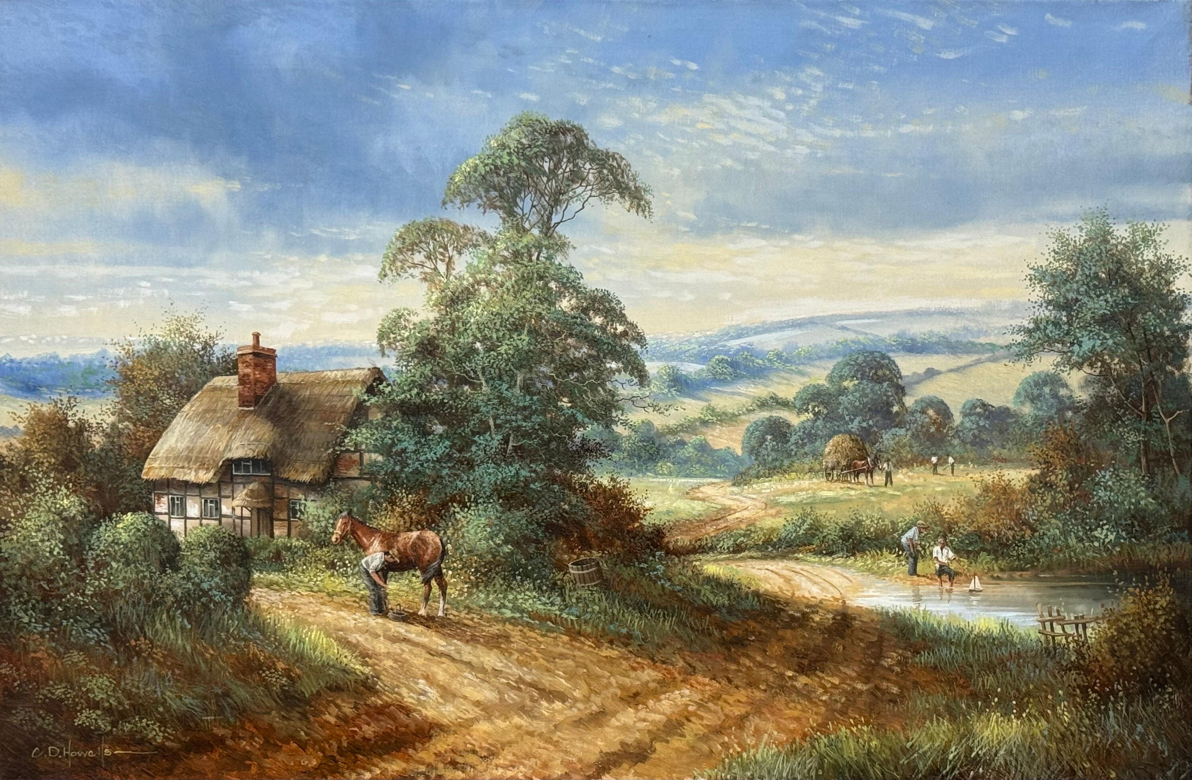 Bauernhofssszene mit Pferden, Bauernhofarbeitern und Holzfällern in englischer Landschaft im Angebot 8