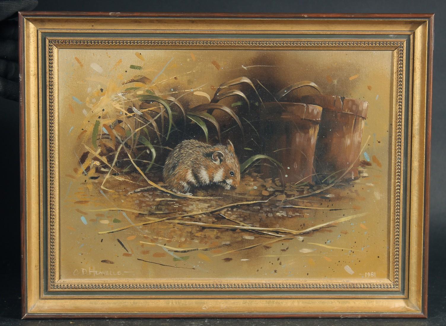 Animal Painting CHRIS HOWELLS - Fin du 20e siècle, souris de champ dans un paysage mangeant une noix.