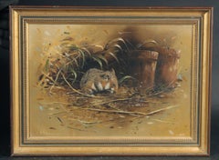 English late 20th century, field mouse in a landscape eating a nut.