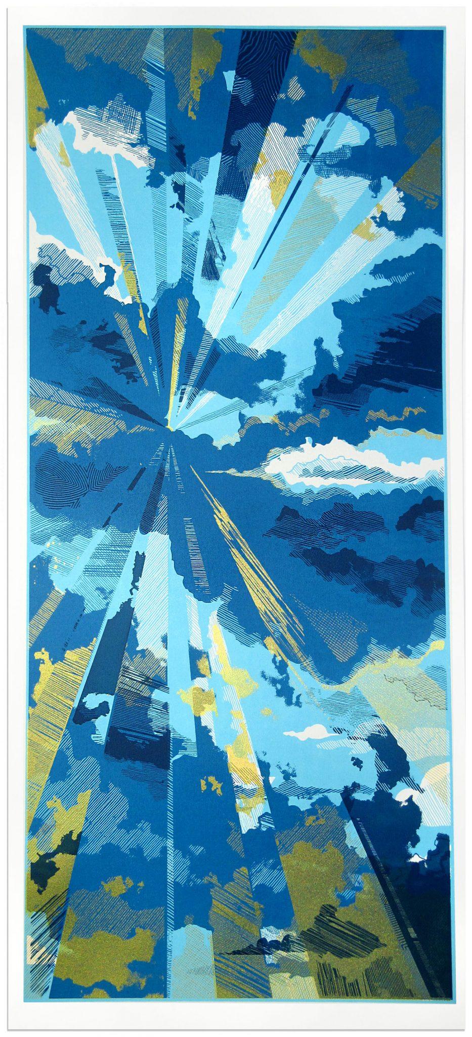 Cloudburst by Chris Keegan [2021]

This Four colour screen print illustrates a burst of sunlight casting through interweaving clouds in the sky. The bursts of sunlight and mark-making create an overlapping positive and negative space. Finally, the